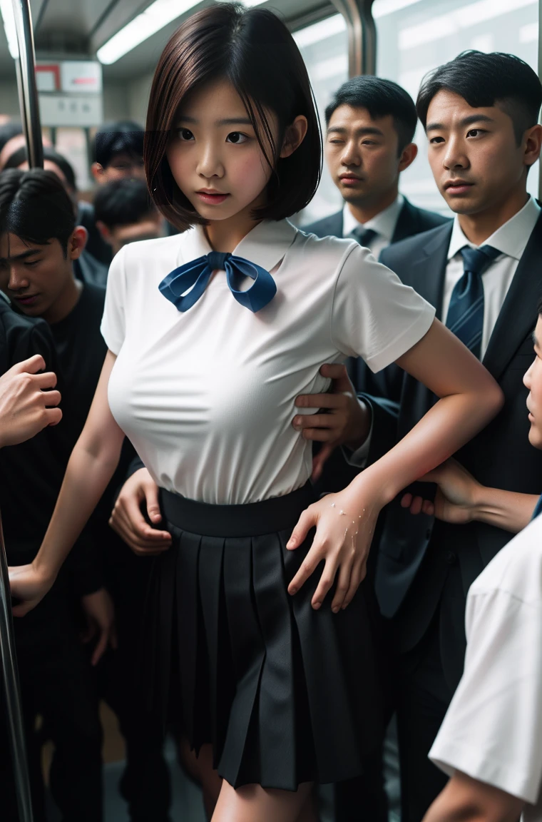 (molestation:1.8) japanese woman, very big breasts, oversized breasts, (white shirt,darkblue neckribbon,pleated short skirt, darkbrown one curl bob hair,bangs),Chest grab, in the train, grab your butt, Multiple men around her grab her breasts, Chest grab, multiple hands, masterpiece, highest quality, very detailed, molestation, crowd of men, crowd sung, very realistic face, very realistic eyes, crowd of men around her, the person who grabs her body, I squeezed my chest, molestation, masterpiece, highest quality, very detailed, 1 girl, multiple hands, Grab your ass with the crazy crowd, Chest grab, the men around her, squeezed body, Many people grab their chests, Be beaten, pulling on clothes, very wet and sweaty, grab clothes, (There are no women in the crowd), man with necktie, shame, disgust