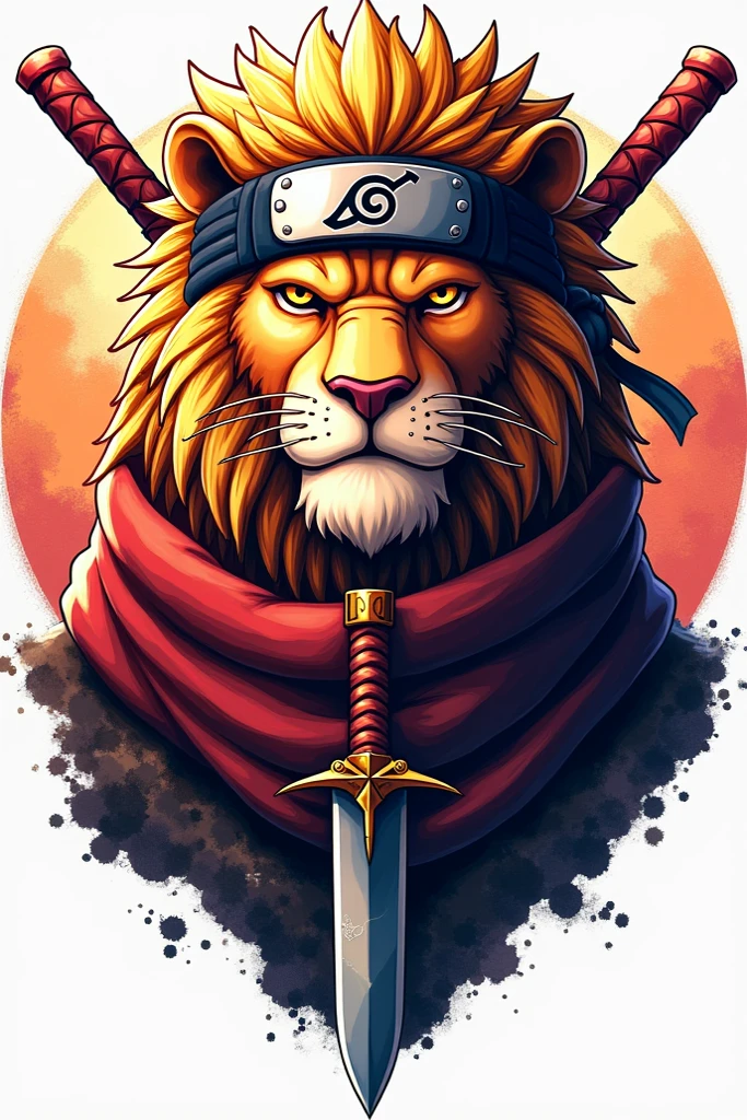 Make a logo in which its main element is a lion one of its eyes has a scratch like a lion or a cat. It also has a scarf on its forehead with a symbol of the village from the anime leaf "Naruto", and also add a dagger of "Naruto". It also adds symbols representative of One Piece . All this unifies it to make the logo . Have a png.
