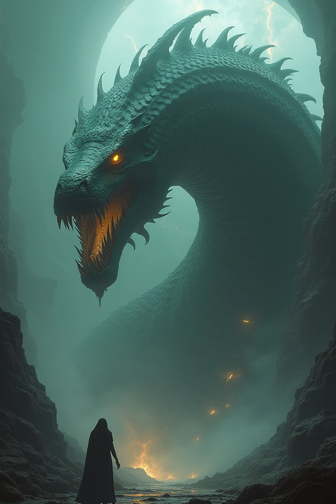 A massive, serpent-like creature with multiple snake heads rising from its body, each head hissing and baring fangs. The landscape is littered with toxic fumes, and one head is regenerating after being severed."