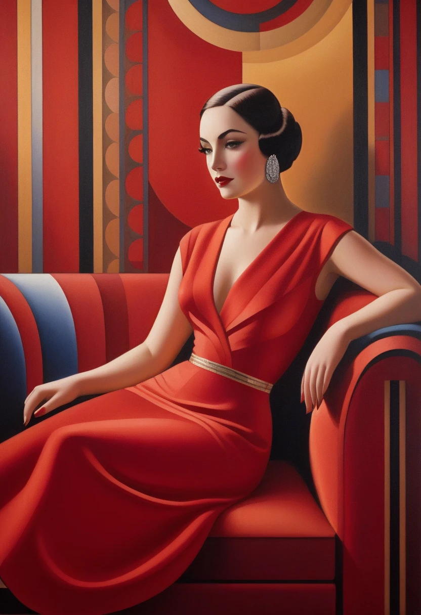 painting of a woman sitting on a red sofa, art deco painting, art deco era), art deco portrait, georgy kurasov, cinematic. art deco, beautiful retro art, intricate art deco patterns, realistic art deco, hyperrealist art nouveau, art nuveau, modern art noveau, art noveau painting, art deco illustration