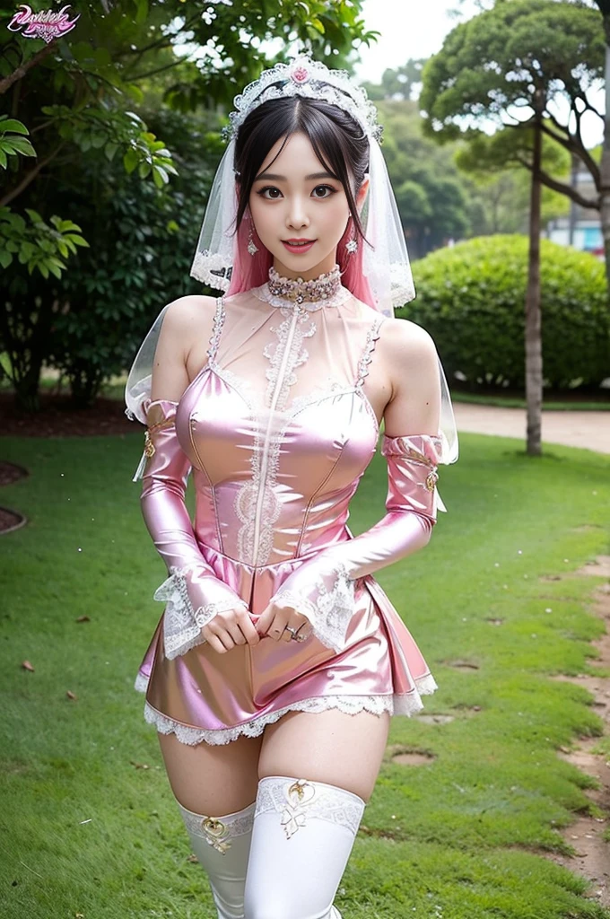 nsfw, sexy Thai princess, only 1 female, ((doll-like appearance)), short neon pink stylish hair, ((shiny Victorian-Style boots)), (big smile), ultra detailed eyes, vivid eye makeup, lipgloss, long lashes, defined eyebrows, ((sexy Paradise Kiss cosplay)), bell-shaped skirt, petticoats, high neckline, puffed sleeves, ((ultra detailed lace)), ((ultra detailed embroidery)), intricate details, Paradise Kiss accessoires and matching headpiece, choker, ((large sparkling Paradise Kiss jewelry)), cinematic light, detailed large park background with trees