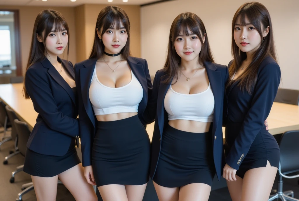  best quality、masterpiece、Group photo、Women are lining up、( tight white shirt 、Navy Blue Blazer、  miniskirt), Big Breasts , (( Layered Haircuts)),（8k， best quality）， full body shot，Shooting from a medium distance，Full body portrait、 Adorable， smile:2，    brown hair， 32K, masterpiece,  best quality,  ultra high resolution,  black choker ,  blue eyes, bangs、 Extremely Rich, Long Lashes 、((Big Breasts))、 happy expression:2, Meeting Room、 cleavage