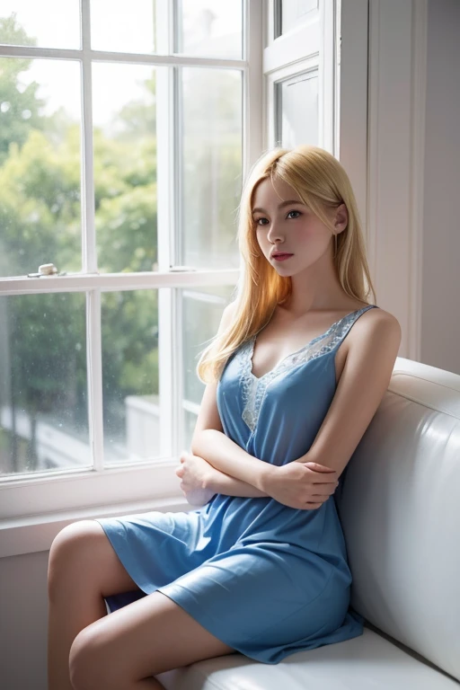 beautiful girl with blue eyes, portrait, oil painting, delicate brushstrokes, soft lighting, pale skin, flowing golden hair, vibrant blue dress, striking eyes, captivating gaze, fair complexion, open legs, elegant posture, enchanting smile, dreamy atmosphere, masterful artistry, high-resolution detail, vivid colors, realistic rendering, mesmerizing beauty, timeless elegance.