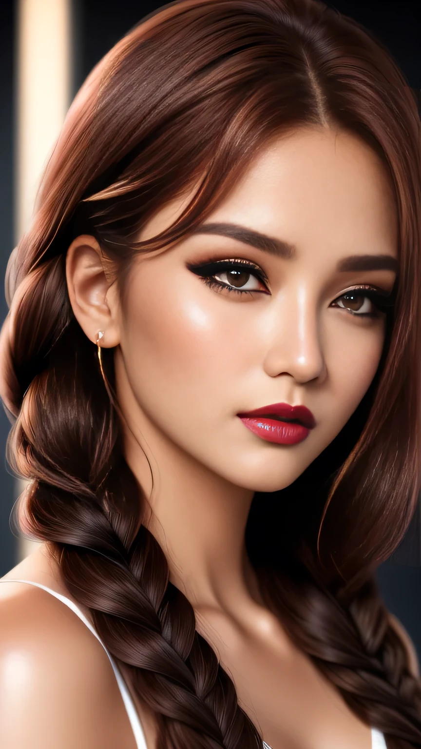 Ultra-realistic movie master pie with ultra-detailed primetime portraits, high quality, 8K, table top, Ultra HD), 1 girl 25 years old、fashion supermodel, ((Random style and color hair)), masterpiece, high quality, high quality, High resolution、(close up of face), black_mascara put in Long eyelashes:1.5, dark (eyesshadows:1.25), (Glossy) red_lips:1.44, ((brown_eyes)), iridescent eyes, vibrant eyes:1.2, high contrast, pink shot:1.175