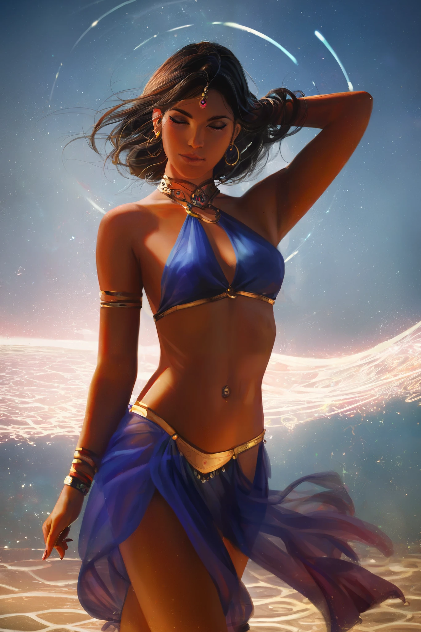 score_9, score_8_up, score_7_up, score_6_up, score_5_up, score_4_up. By Guweiz, highly detailed, 4k.
BREAK
1girl, young girl, arabic dancer aesthetic, harem dancer outfit, purple and golden color scheme, dark skin, arabic ethnicity, tension folds, physically accurate, high attention to detail. ray tracing, reflections, accurate lighting, great colors
BREAK 
Arabic background, detailed and realistic background, realistic light, realistic shadows,