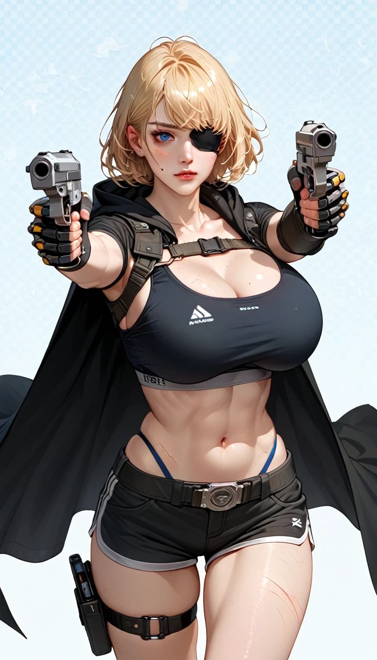 score_9, score_8_up, score_7_up, score_6_up, source_photo, ExpressiveH, uncensored, ((simple background, pattern background)), korean, 1girl, solo, huge breasts, voluptuous, curvy, toned, blonde, bangs, sidelocks, blue eyes, black sports bra, short shorts, thong, belt, thigh straps, eyepatch, hooded, black cape, black gloves, mechanical arm, scars, battle, holding weapon, handgun, holding handgun, aiming handgun, aiming, contrapposto, outstretched arms