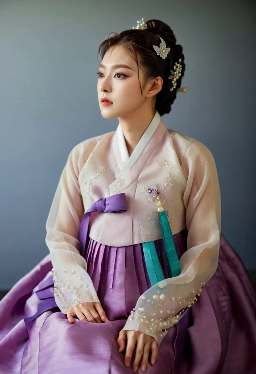   Korean Men Wear Hanbok  ,   hello crossdresser  ,   His face and hairstyle are very masculine, pearl ,  Hanbok Dress Costumes for Middle-aged Women,   Women's Breasts  ,  purple,   slim female body  , Sexy see-through jacket  , Satin  , Slightly beside  , Full body photo,   sit quietly  