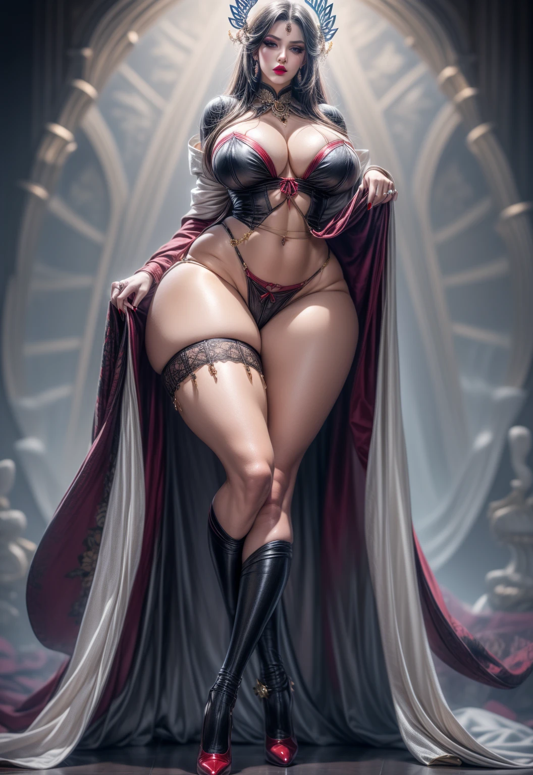 Mature Sexy Charming Persian Queen ,European Race ,Caucasian,Attractive, thick and sexy redhead ,Macrogastric syndrome,Round buttocks,thigh,Big Ass, red cross neck strappy dress, triangular cleavage window , red high slit skirt , can see legs ,red fishnet socks , Red High Heels , tight hair , red black color ,Red stockings, big, charming, slender legs, thick and sexy redhead , queen of supreme rulers , full and elastic chest ,Red accessories , Young face, sexy and charming makeup , Fair Skin , red lipstick , red nail polish , Human, whole body, perfect figure , perfect anatomy, sexchat.Outdoor,Scenario, Clothes come in many colors ,sit down,Bend your legs, Hands crossed behind her back ,Looking at the camera 20 years old, Fair skin tone, (No cleavage),thigh, cosmetic, (Lipstick: 1.1), (Eyeliner: 1.2), Mascara, Eyeshadow,Outdoor Activities, earrings, necklace, black stockings, Wrinkles around the corners of the eyes, Oral wrinkles,High target Neck Knit Bodycon Skirt,whole body照, an Asian Japanese woman ,20 years old, big eyes, elegant temperament elegant temperament , Huge Saggy Breasts (masterpiece:1.2, Quality Best ), Practical, (Real pictures,25 years old, Intricate details, Depth of Field,High target neck clothes), careful, The content is very detailed, this is a perfect face, perfect figure , Large Model, Mature Women , High target, Leg length,Black Silk Garter Belt ,8K, Quality Best , masterpiece, super high resolution,(Realistic:1.4), original photo, [Stay focused, detailed, dramatic, Exquisite beauty , (tall and straight:1.1), (No), (Frustrated Giant:1.1), ( Fat goddess desetallic high leg high neck dress mini skirt:1.0),(High target collar fitted skirt),(Transparent Metallic Miniskirt ), half butterfly earrings, double ring necklace, (:1.05), cosmetic, (Lipstick: 1.1), (Eyeliner: 1.2), Mascara, Eyeshadow, Long curly hair, dynamic angle, (Red lips)Beautiful graphics, thigh long, random color oily reflective leggings , Scenario, fishnet socks, Red High Heels ,