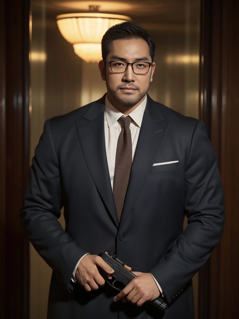 george bernard, george pei, masterpiece, best quality, solo, (((crew cut))), balding, very short hair, round face, (((mature man, stocky body, asian man, brown eyes, rounded face, glasses))), slightly balding, (big shoulders), (((stubbles, Short beard))), (Beautiful eyes:1.3), (Detailed face:1.3), smile, stock photo, photo real, better light, Dynamic Angle, volumetric lighting, (Best quality, A high resolution, Photorealistic), Masterpiece, RAW photo, Intricate details, hdr, polaroid photo, Professional photography, Realistic photography, arafed poster of a man in a suit holding a gun, korean film noir, movie poster character, 1950s korean thriller film noir, promotional movie poster, action movie poster, action film, character poster, a24, movie promotional image, action thriller, iu lee ji-eun as a super villain, a man, a-1 pictures