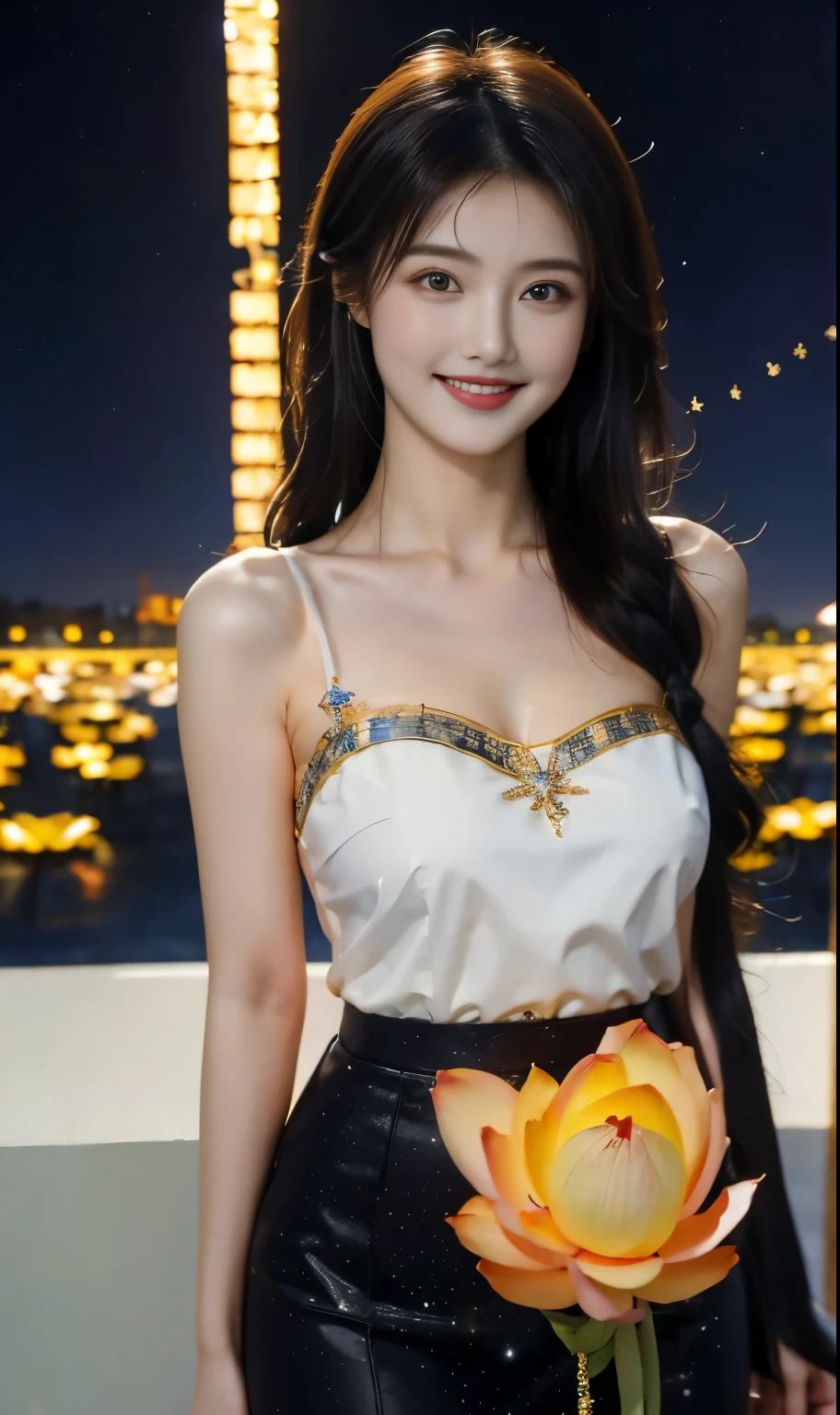 ((masterpiece, Quality Best ,  detailed)), 牛仔射击, (1 Girl:1.2),  unique , ( attractive smile :1.3), breast, Standing,  looking at the audience, (sea:1.3),( starry sky :1.3) ,  