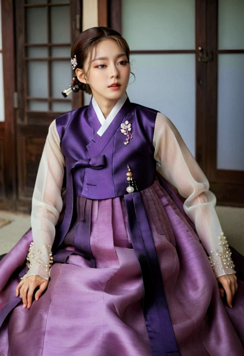   Korean Men Wear Hanbok  ,   hello crossdresser  ,   His face and hairstyle are very masculine, pearl ,  Hanbok Dress Costumes for Middle-aged Women,   Women's Breasts  ,  purple and black,   slim female body  , Sexy see-through jacket  , Satin  , Slightly beside  , Full body photo,   sit quietly  