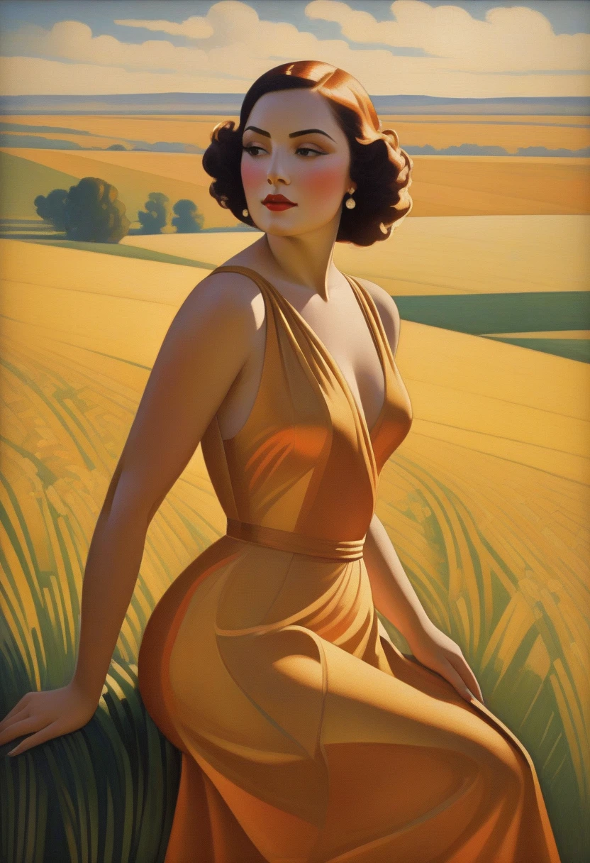 painting of a nude woman on a prairie, art deco painting, art deco era), art deco portrait, georgy kurasov, cinematic. art deco, beautiful retro art, intricate art deco patterns, realistic art deco, hyperrealistic art nouveau, art nuveau, modern art noveau, art noveau painting, art deco illustration