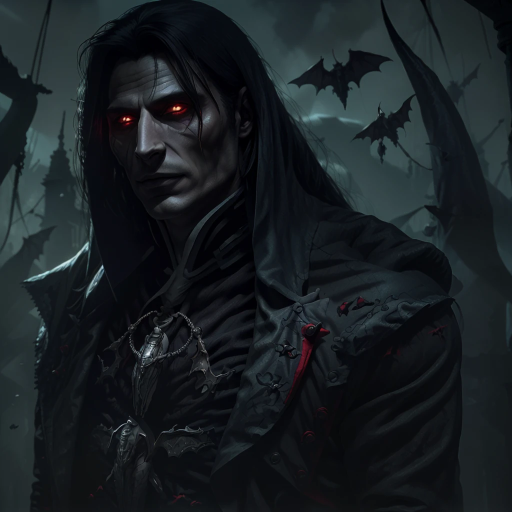 (masterpiece, best quality, highres, high resolution:1.2, cowboy shot, castlevania \(netflix\)), extremely detailed, realistic, intricate details, (1boy, male:1.4, actor Henry Cavill), virile, vampire:1.5, ((evil grin)), very long canines, vampiric fangs, sharp teeth, (extremely pale skinned male), (glowing red eyes), solo, looking at viewer,  Strahd von Zarovich, (black) long hair, bat \(animal\), white mist, dark atmosphere, horror, fear, (cinematic lighting, bloom, volumetric), (realistic skin texture), extremely detailed, intricate, hyper detailed, illustration, high resolution, sharp detail, 