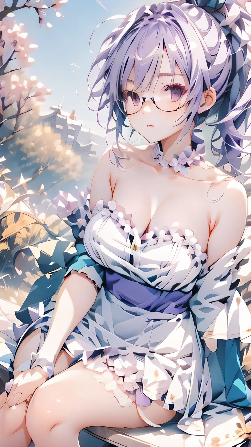  pretty girl, light purple hair , ponytail, excellent style,Slender legs,Big Breasts, ruffle skirt to pee in the toilet,Beautiful shirt , I'm sitting on a garden bench reading a book, I'm wearing round glasses , There are pruned trees , Lots of roses are blooming 