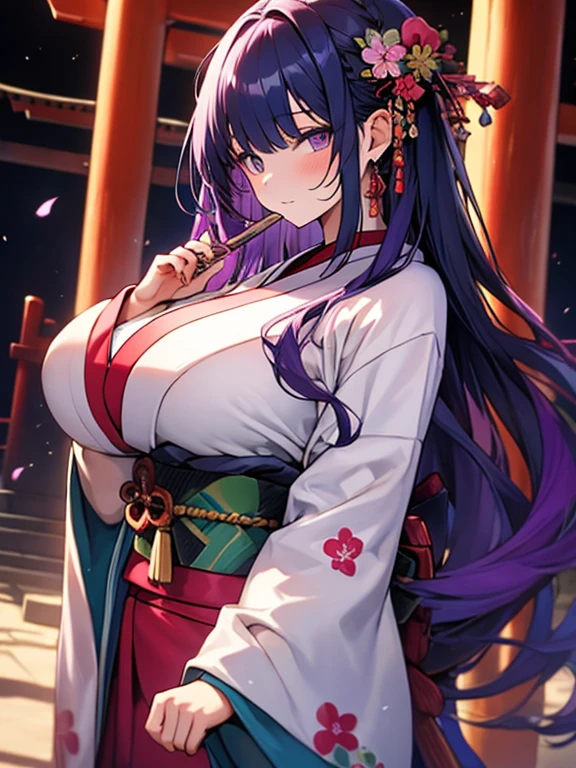 Master Piece, best quality, huper quality, purple hairs, Japan colorful kimono, big breasts, upper body, pick up a long wand, long twist hair, backspace shrine