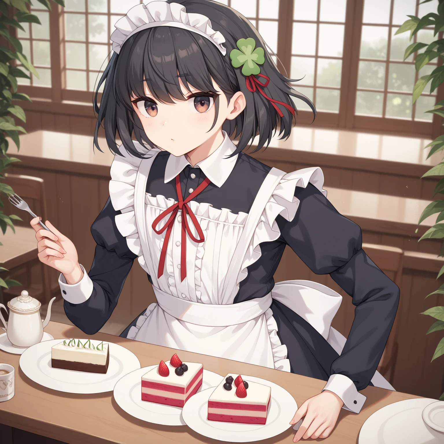  (8k), (  very detailed), (   best illustration   ), Cafe。   maid outfit 。. flat chested。 short hair on the side of the uniform。  big red ribbon barrette。Four leaf clover in hair 。adult。 black hair。Shima Rin,Bring me a cake 。Four leaf clover in hair。 short hair on the side of the uniform。