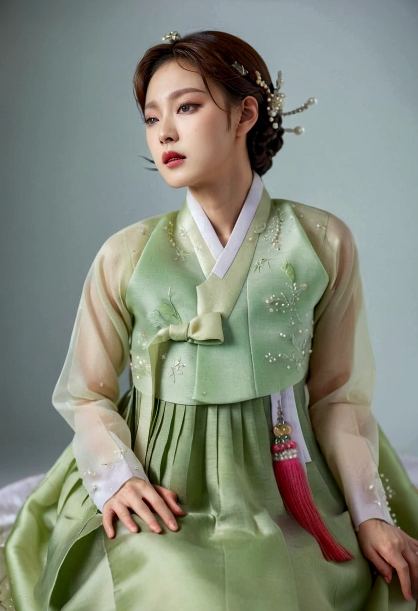   Korean Men Wear Hanbok  ,   hello crossdresser  ,   His face and hairstyle are very masculine, pearl ,  Hanbok Dress Costumes for Middle-aged Women,   Women's Breasts  ,   light green,   slim female body  , Sexy see-through jacket  , Satin  , Slightly beside  , Full body photo,   sit quietly  