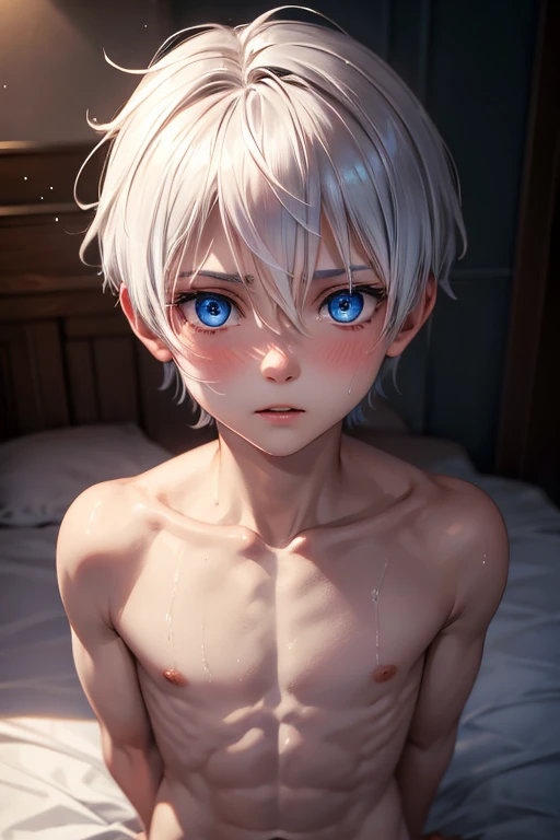 very thin boy11 years old without a shirt, Without clothing, thin, Blue eyes, white hair with red tips, wet slender body in white swimming trunks, straightens his hair embarrassedly, blush on the face, Sex anal