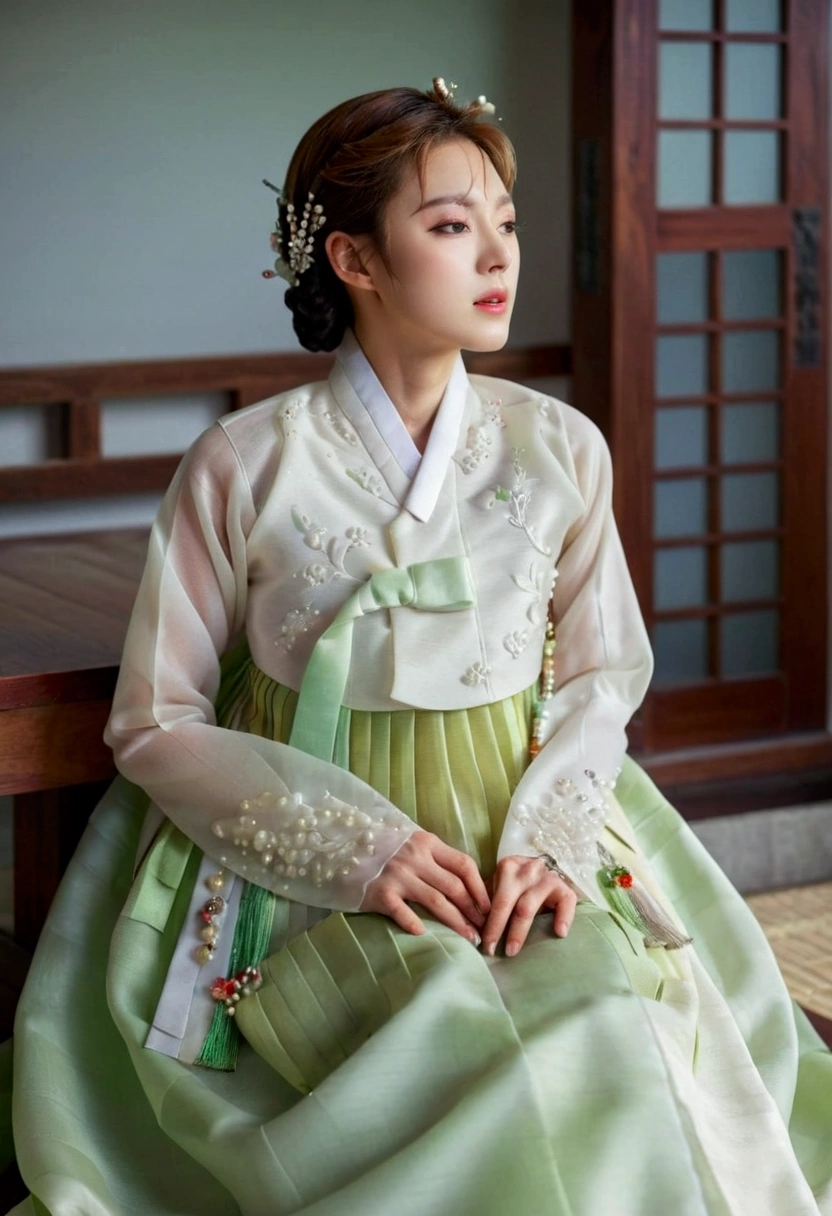   Korean Men Wear Hanbok  ,   hello crossdresser  ,   His face and hairstyle are very masculine, pearl ,  Hanbok Dress Costumes for Middle-aged Women,   Women's Breasts  ,  light green and white,   slim female body  , Sexy see-through jacket  , Satin  , Slightly beside  , Full body photo,   sit quietly  