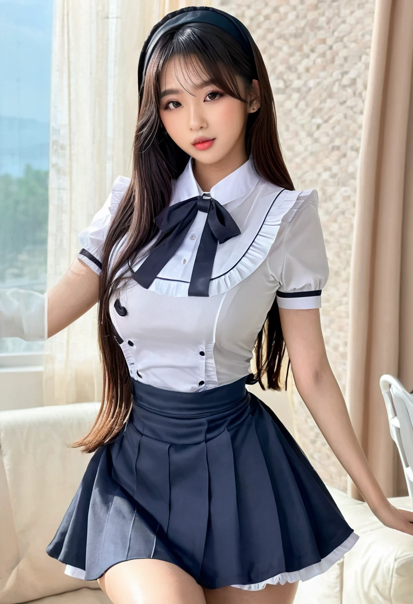 real life, realistic, (best resolution), (high quality:1.3), work of art, (8k), extremely detailed, (high details:1.4), solo, ((HotLexi)), ((Korean Ulzzang girl with 24 years old)), (maid uniform), (perfect model face:1.4), (hourglass hot perfect body, medium round breasts),