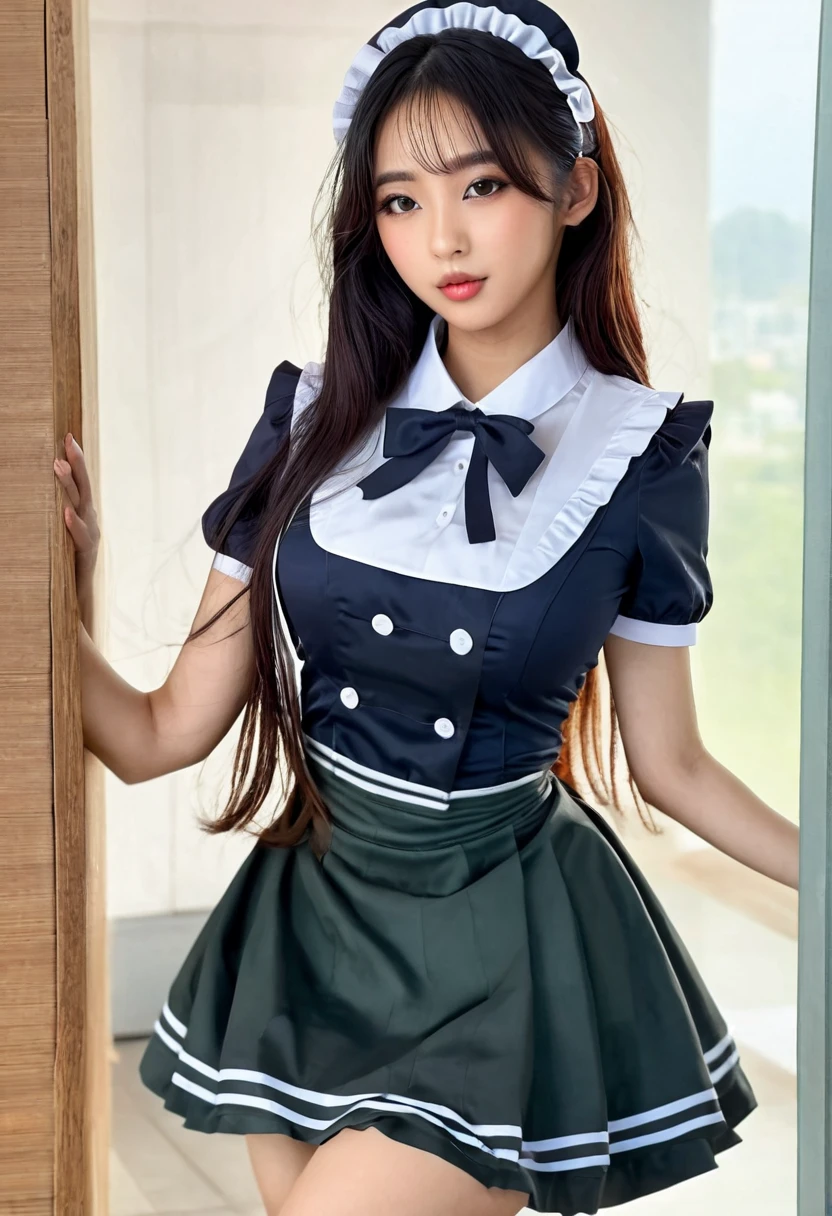 real life, realistic, (best resolution), (high quality:1.3), work of art, (8k), extremely detailed, (high details:1.4), solo, ((HotLexi)), ((Korean Ulzzang girl with 24 years old)), (maid uniform), (perfect model face:1.4), (hourglass hot perfect body, medium round breasts),