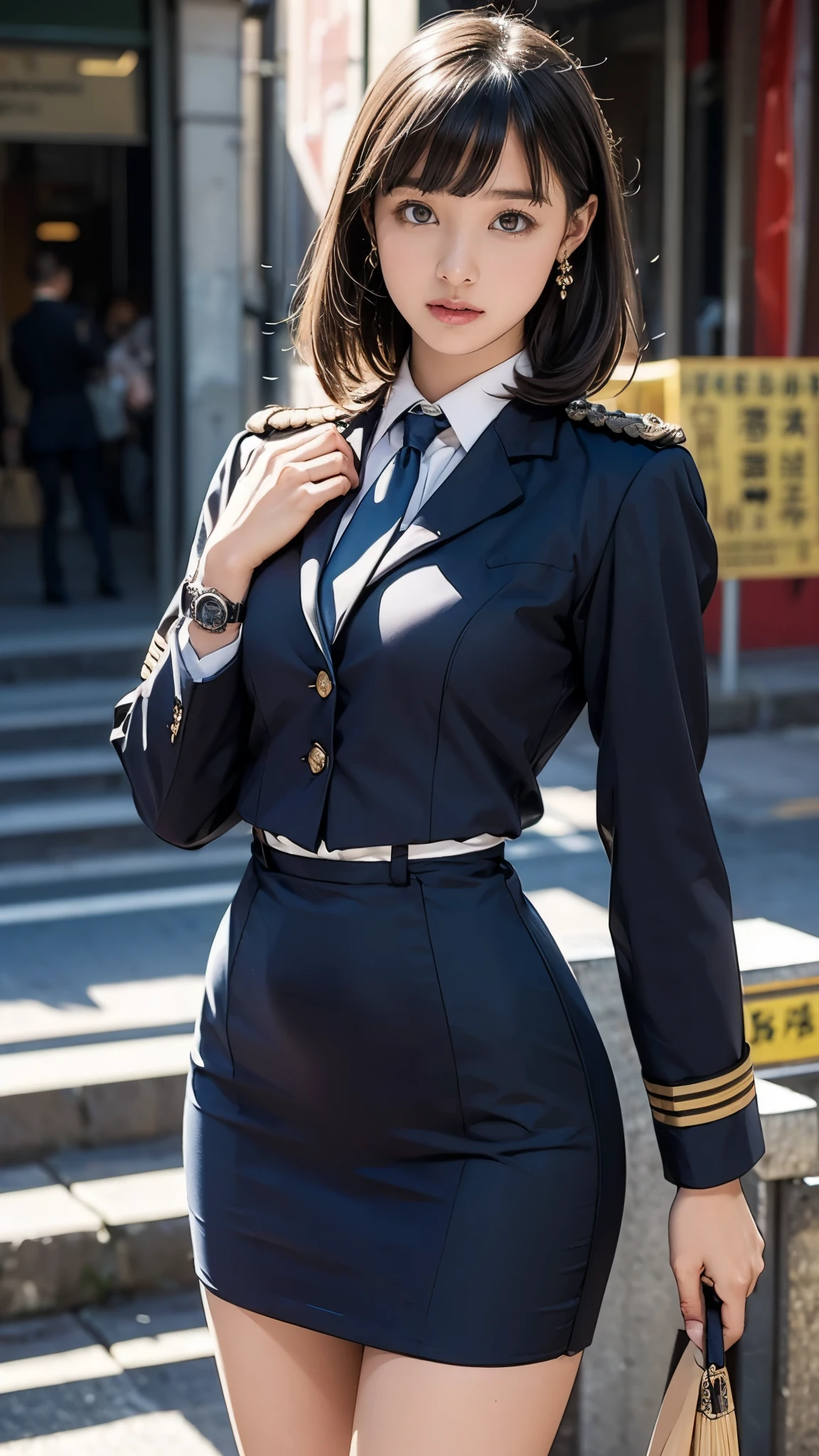Highest quality、masterpiece、8k、Realistic、超High resolution、Very delicate and beautiful、High resolution、Cinema Lighting、medium range shooting、Portraiture、Perfect female body、Beautiful woman、Mature Woman、Put your hands on your head、View your viewers、((Standing position:1.6))、Medium chest、Cityscape、(Short Bob:1.8、Brown Hair)、((Female police officer:1.4、uniform、limited cap、uniformのボタン、tie、uniformのジャケット))、Police Vehicles、Baton、handcuffs、wireless、Best、Leather shoes、Name tag、uniformのパッチ、防弾Best、badge、skirt、boots、gun、badge、Epaulettes、uniformのskirt