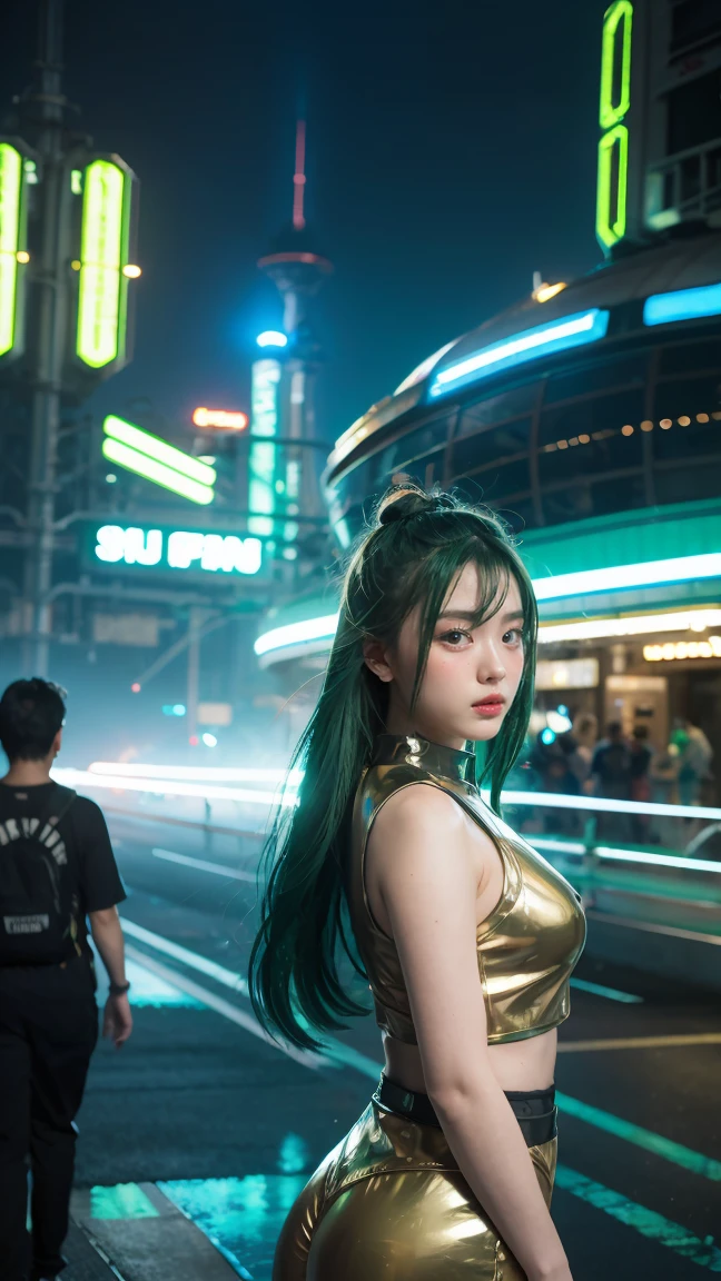 1girl, green hair, star farm city, a far future sci-fi decopunk painting, by greg manchess and makoto shinkai, trending on artstation, hyperrealistic, 8k, photorealistic, dazzling colors, stunning lighting, intricate details, futuristic architecture, glowing neon lights, floating vehicles, lush vegetation, serene atmosphere, dreamlike quality