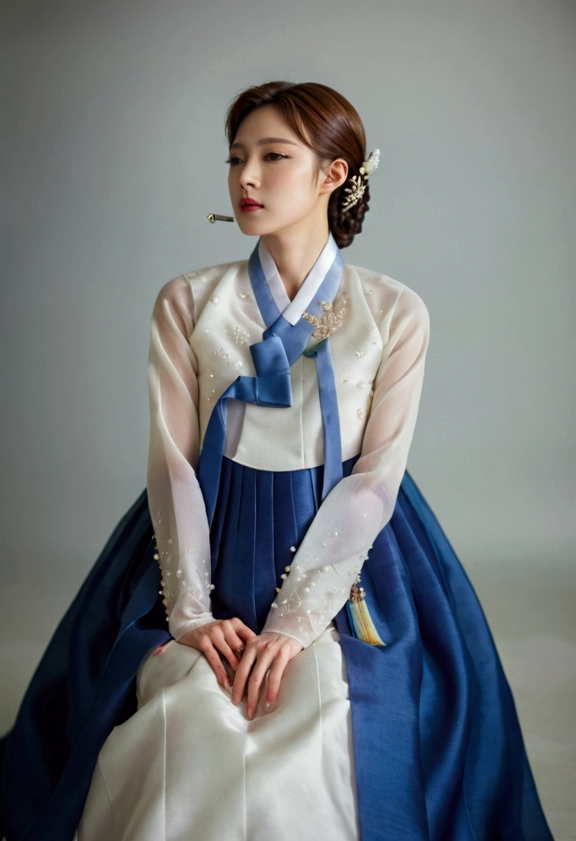   Korean Men Wear Hanbok  ,   hello crossdresser  ,   His face and hairstyle are very masculine, pearl ,  Hanbok Dress Costumes for Middle-aged Women,   Women's Breasts  ,  Blue and white,   slim female body  , Sexy see-through jacket  , Satin  , Slightly beside  , Full body photo,   sit quietly  