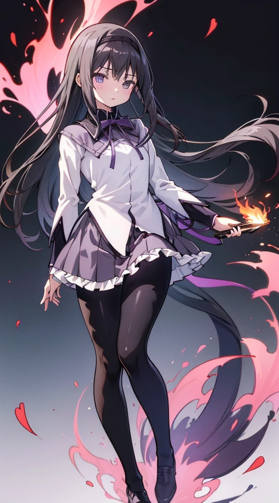  1 girl,   anime girl ,  best quality,  bodybuilding , logic, big,  wallpaper, School, ,  Fascinating ,  Homura Akemi, Flame， black tights，