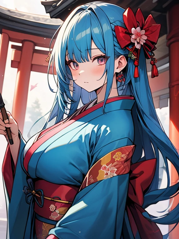 Master Piece, best quality, huper quality, blue hairs, finely detailed eyes and detailed face, Japan colorful kimono, big breasts, upper body, pick up a long wand, long twist hair, expression face, backspace shrine