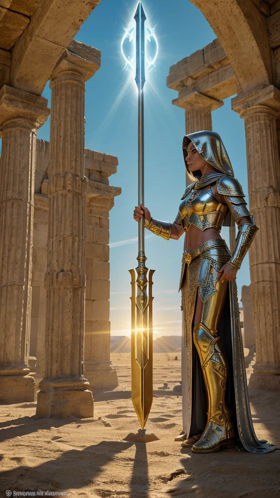 ((masterpiece))), (((best quality))), ((ultra-detailed)), (hyperrealistic), (highly detailed CG illustration), cinematic light, photorealistic ,1girl, gold and silver eaba, dynamic pose, cape, sword, spear, axe
