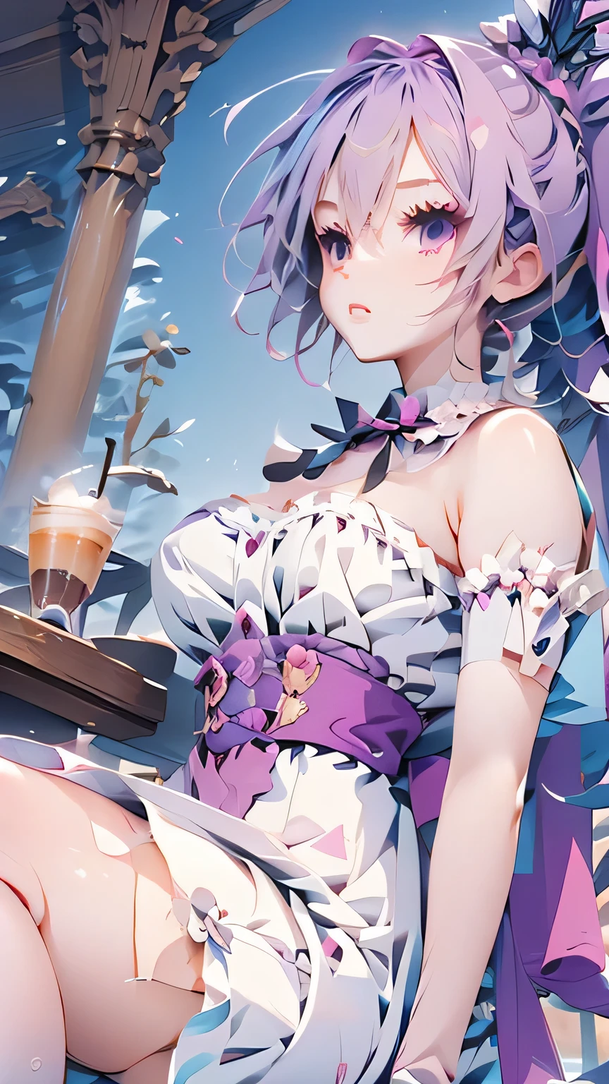  pretty girl, light purple hair , ponytail,Red purple inner color , excellent style,Slender legs,Big Breasts, Ruffle Long Skirt, pretty light colored shirt , holding a monster ball in the right hand , the person is surrounded by Pokémon (Pikachu,Eevee,Scorbunny,Ditto) sitting on the terrace seat of a cafe , cake and coffee are placed on the table