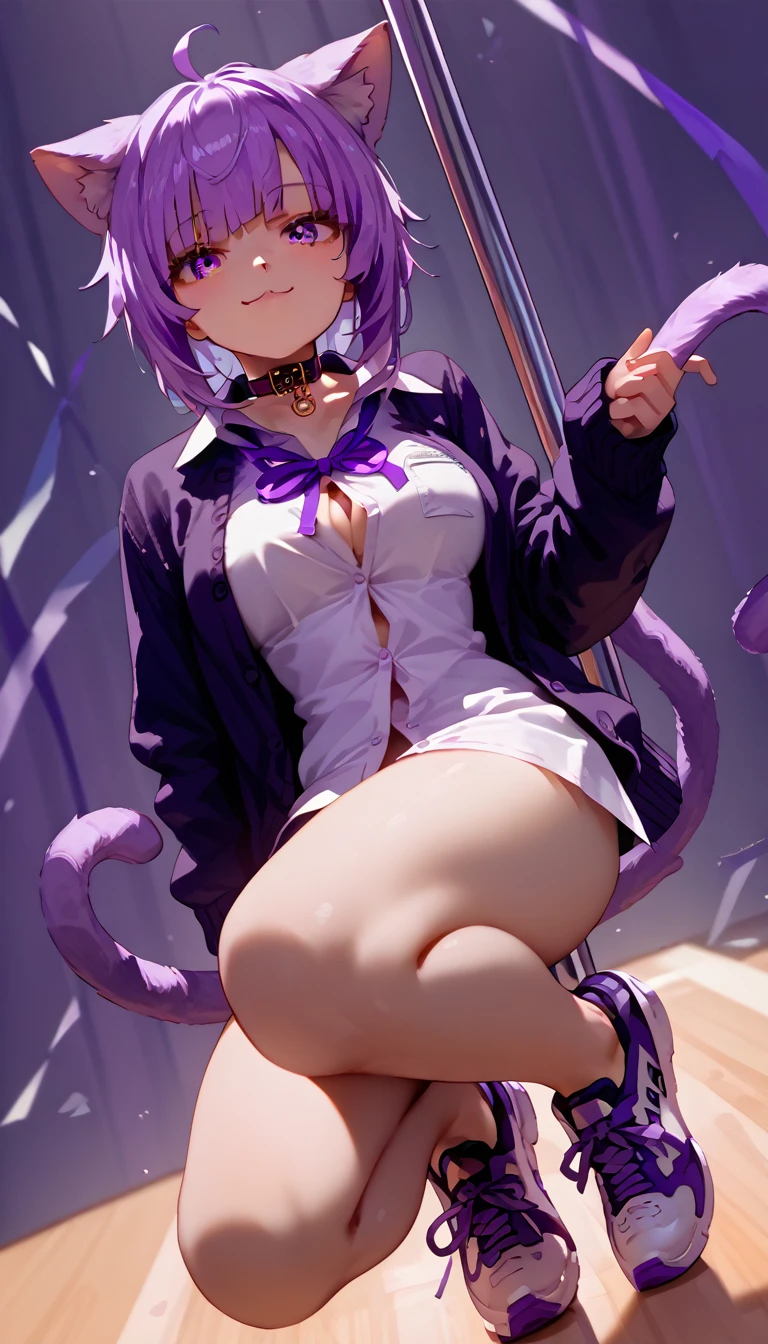 ultra-detailed, 1girl, okayu_casual, ((masterpiece)), (best quality), (highres), 16K, ahoge, cat tail, purple hair, dress shirt, purple ribbon, button gap, no pants, black cardigan, animal collar, sports shoes, black panties, busty body, large breasts and a beautiful ass, showcasing cleavage, legs, hips, looking at viewer, smile, detailed face, detailed hair, detailed full body, stripper pole background