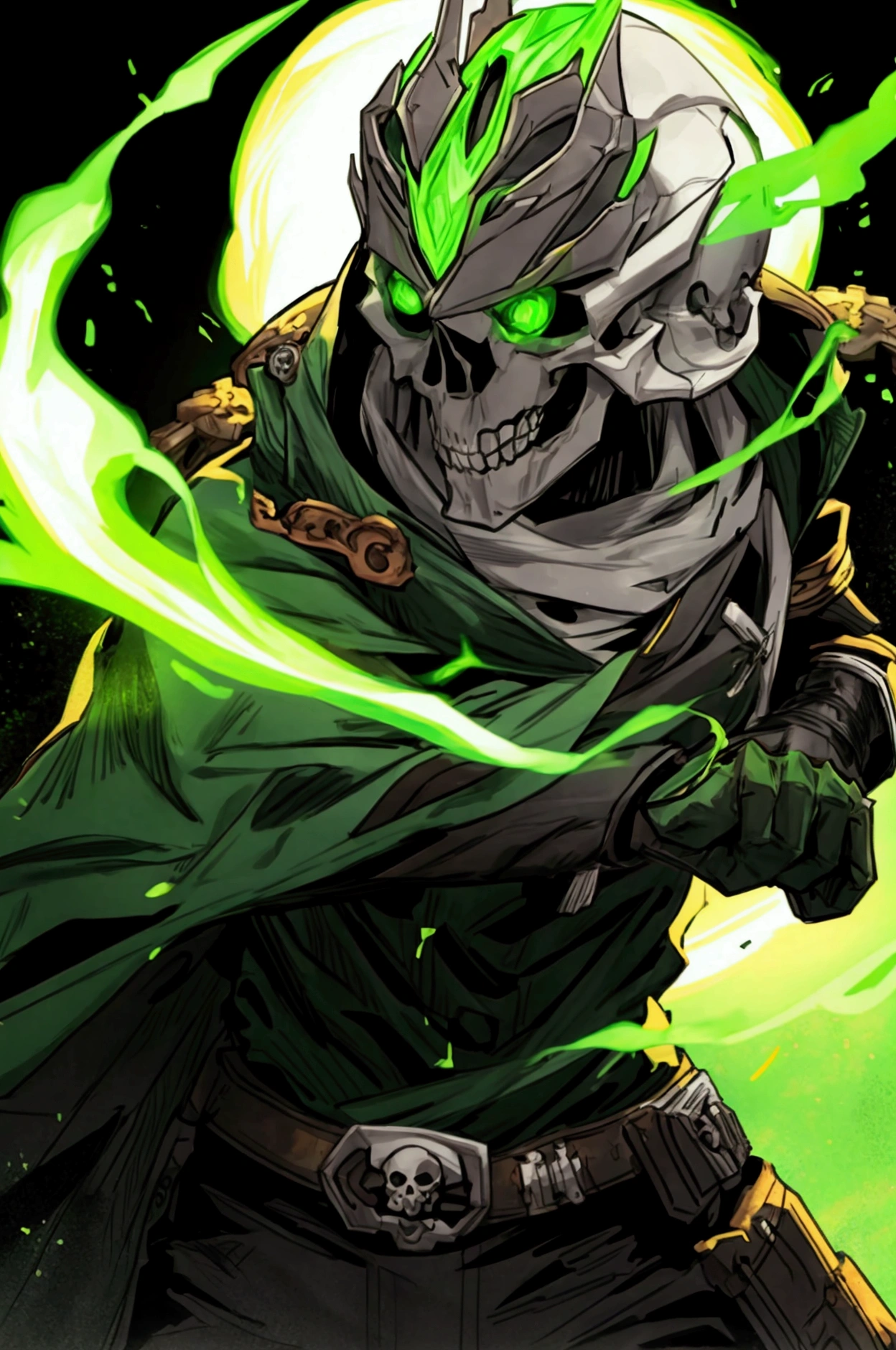 Best quality, masterpiece, ultra high res,detailed background,realistic,hadesstyle,solo,male,mature,bara,muscular,mature male,short hair,facial hair,wizard,necromancer,skull,green fire,horror \(theme\),dark fantasy,evil,cape,depth of field