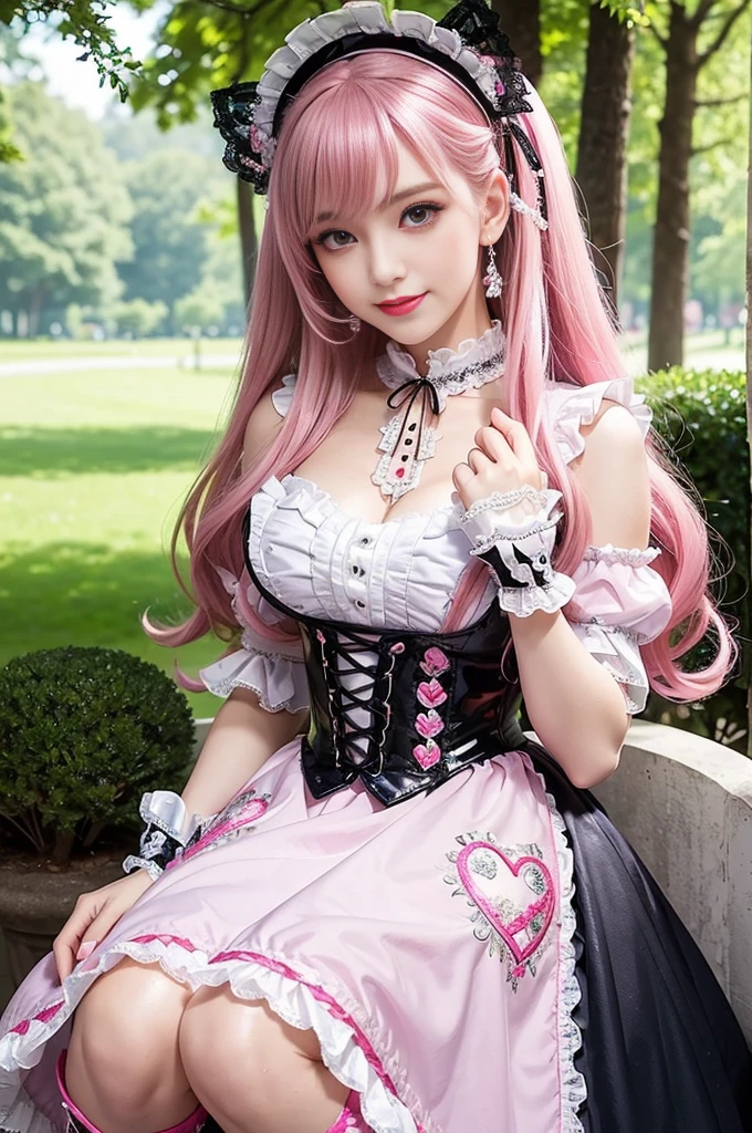 sexy stylish Spanish model, only 1 female, ((doll-like appearance)), long neon pink stylish hair, ((ultra detailed Victorian-Style boots)), beautiful smile, ultra detailed eyes, vivid eye makeup, lipgloss, long lashes, defined eyebrows, ((sexy Paradise Kiss cosplay)), bell-shaped skirt, petticoats, high neckline, puffed sleeves, (( ultra detailed lace)), ((ultra detailed embroidery)), intricate details, Paradise Kiss accessoires and matching headpiece, choker, ((large sparkling Paradise Kiss jewelry)), cinematic light, detailed large park background with trees