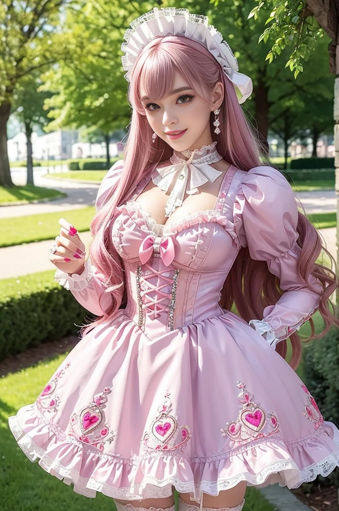 sexy stylish Swedish model, only 1 female, ((doll-like appearance)), long neon pink stylish hair, ((shiny Victorian-Style boots)), (big smile), ultra detailed eyes, very detailed eye makeup, lip-gloss, long lashes, defined eyebrows, ((sexy Sweet Lolita cosplay)), bell-shaped skirt, petticoats, high neckline, puffed sleeves, ((ultra detailed lace)), ((ultra detailed embroidery)), intricate details, animals, fairy tales, heart-shaped bag, Sweet Lolita accessoires, large bow, Sweet Lolita choker, ((large sparkling Sweet Lolita jewelry)), cinematic light, detailed large park background with trees