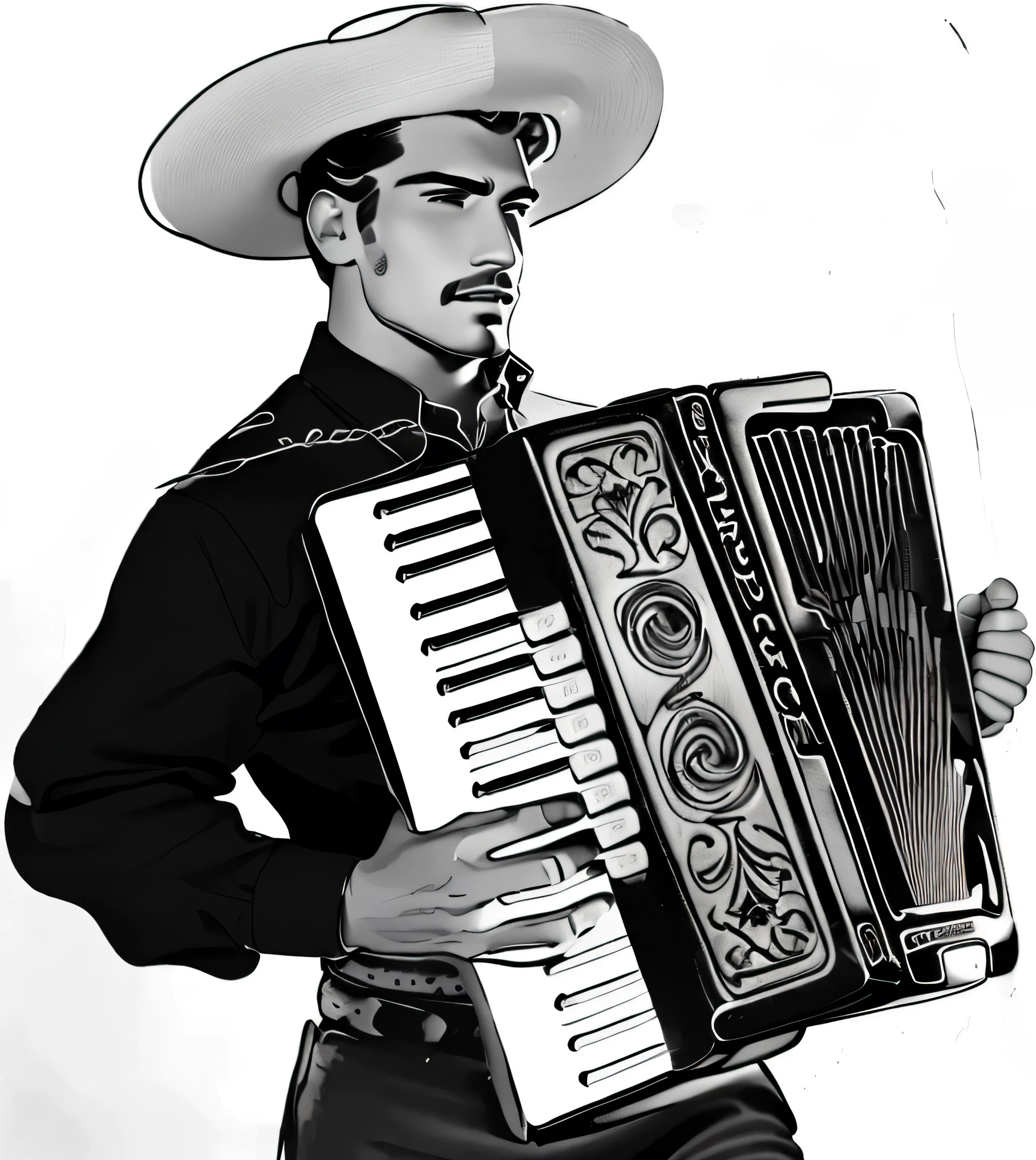   a busy man with a hat and a black shirt plays accordion, 🌻🎹🎼, mexican cowboy, promotional photo,   inspired by Agustín Fernández  , 🤠 using a 🖥,  Ralph Macquarrie , Russ Abbott  , portrait of gigachad, jock, promotional photograph, cowboy, 1951, by Bob Singer