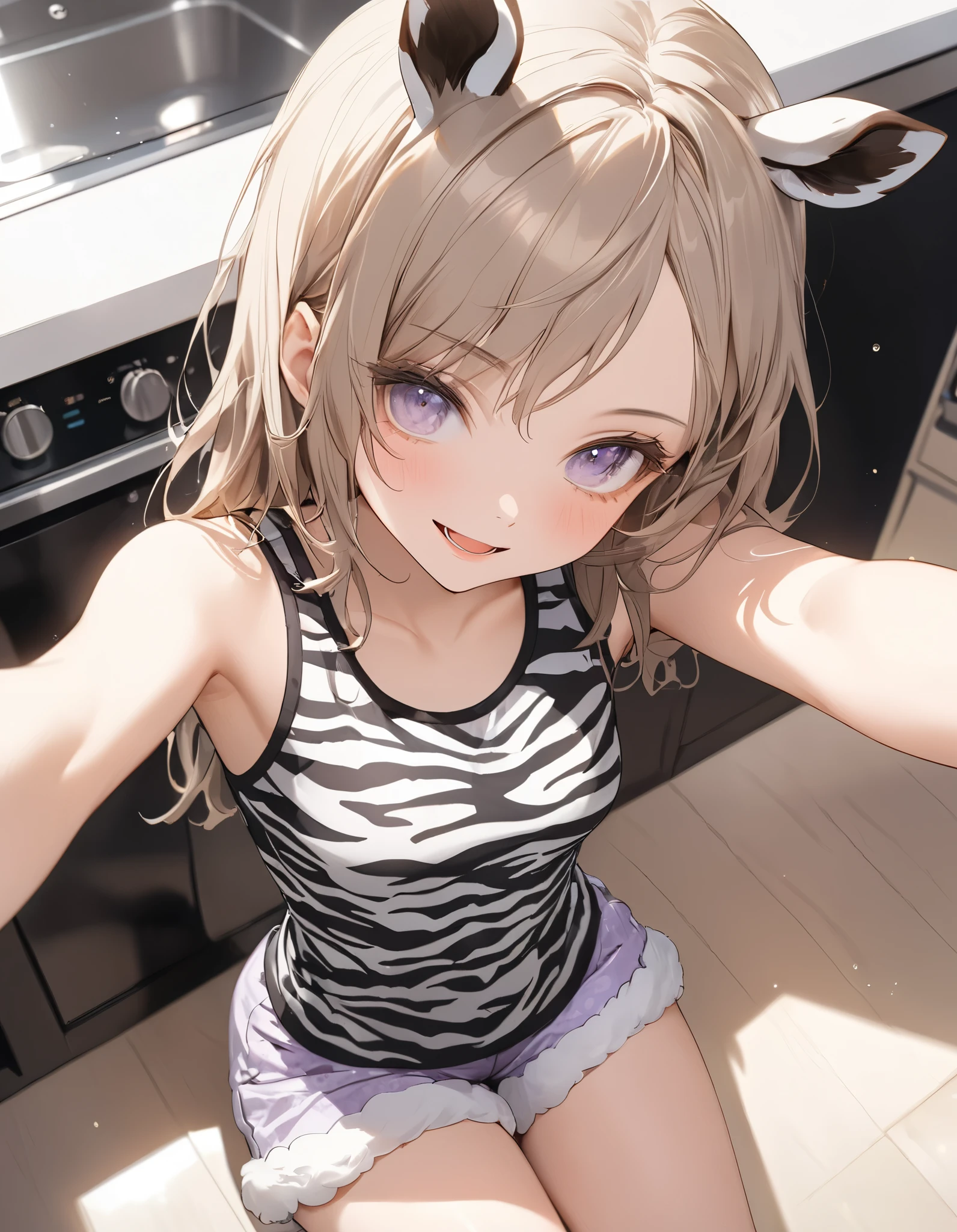 ((Masterpiece)), ((best quality)), (Anime:1.4), (super detail:1.2), (High Definition:1.3), (Professional Photography:1.3), (wide shot), (sharp focus), (perfect light), from side, ((12 years old)), ((1girl)), ((wearing zebra-patterned tanktop)), fluffy shorts, cinematic lighting, Textured skin, messy hair, (loose blunt bangs), teenage girl, Healthy stomach, (Healthy slim body), small breasts, cute eyes, ((naughty face)), (open mouth), (put on zebra ears), pale brown hair, Cute Beautiful girl, Thin accessories, ((Sitting in the Spacious kitchen)),