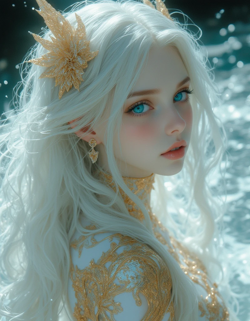 (white style),Hyper-realistic portrait of an ethereal, beautiful woman with striking blue eyes and flowing white hair, wearing a extremely detailed gold gothic long-dress. She is in water and he beautiful long hair is flowing in the water . 