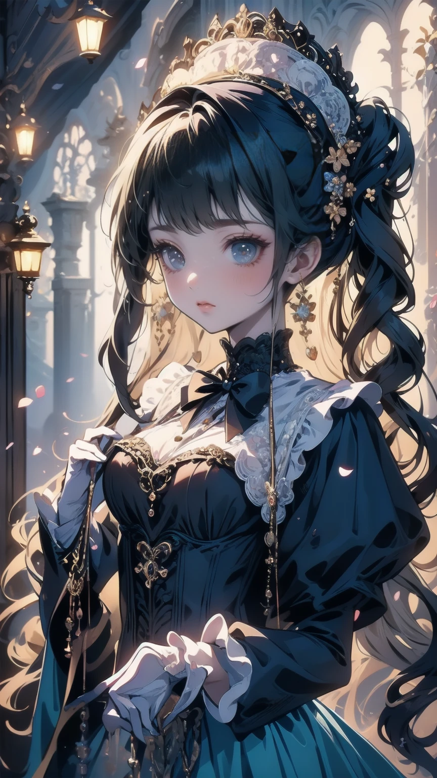 A whimsical Victorian-steampunk fusion portrait featuring Blake Akane Kurokawa as a kawaii protagonist. Set against a muted backdrop, she poses in front of an antique clockwork mechanism, surrounded by intricately crafted gears and cogs. Her dark blue-purple chibi hair falls in soft waves around her face, framing her bright green eyes. A delicate corset adorns her frame, accentuating her waist, while a voluminous skirt flows behind her like a misty veil. Lace, ruffles, and ribbons adorn the hem, adding a touch of femininity to this steampunk-inspired masterpiece.