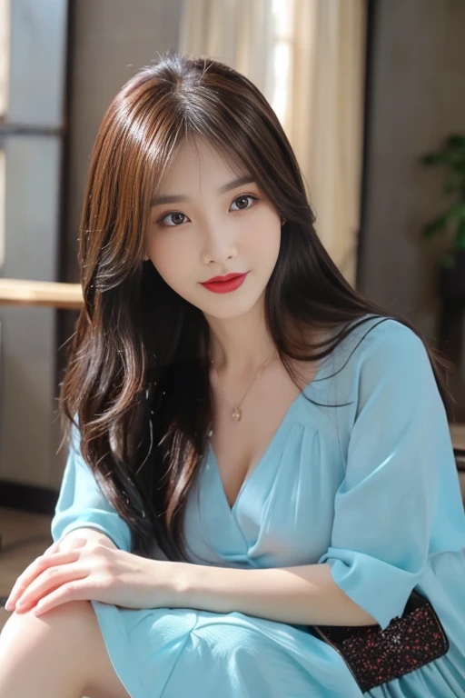 (best quality), ((8k, raw, masterpiece: 1.5)), ((professional photography, sharp: 1.2), ((half body photoshoot)), perfect dynamic composition, (natural sun light), (soft shadow), (bedroom background), (1 girl), black medium curly hair, Ultra-detailed faces and skin, perfect Asian, gorgeous, White skin, (Delicate skin:1.4), (latex skin:0.4), (perfect glowing skin:0.3), (huge round breast: 1.5), light brown eyes, beautiful eyes, round eyes, pretty face, blush, glossy lips, plump lips, high nose bridge, glossy eyes, Really moist skin, (((huge smile))), looking at camera, (((wear blue shirtdress)))