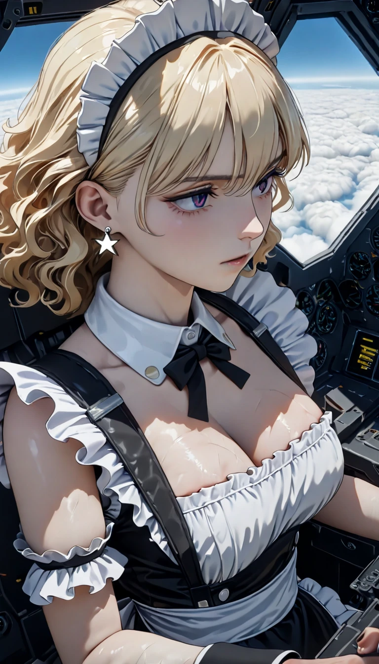 (( best quality)), ((masterpiece)), (  Details),  perfect face, (( best quality, 8k, masterpiece: 1.3)),  sharp concentration, Highly   Details face and skin texture,  Detail Eyes,  Light Blonde , Shoulder length,  wavy hair,  star earrings,  Ruffled Maid Outfit, White collar,  high definition , textured skin, Anime Style,  Maid Boarding a Fighter , Maid as a Pilot , Inside the cockpit, air force,  flying above the clouds 