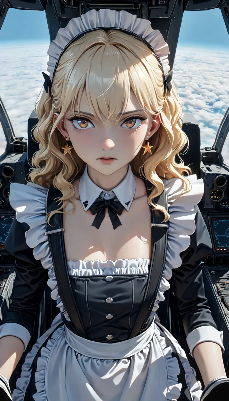 (( best quality)), ((masterpiece)), (  Details),  perfect face, (( best quality, 8k, masterpiece: 1.3)),  sharp concentration, Highly   Details face and skin texture,  Detail Eyes,  Light Blonde , Shoulder length,  wavy hair,  star earrings,  Ruffled Maid Outfit, White collar,  high definition , textured skin, Anime Style,  Maid Boarding a Fighter , Maid as a Pilot , Inside the cockpit, air force,  flying above the clouds 