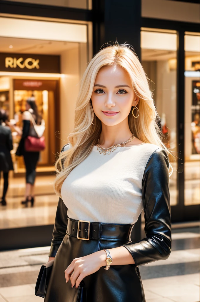 (best quality, 4k ,8k, highres, masterpiece:1.2), ultra-detailed, (realistic, photorealistic, photo-realistic:1.37), closeup, beautiful Swedish woman, beautiful smile, long lashes, beautiful makeup, platinum blonde hair, fair skin, slender figure, elegant posture, wearing large sparkling colorful jewelery, wearing a business style black leather dress, standing in a large shopping mall, gentle sunlight shining through the shopping mall windows, casting a soft glow on her face, adding warmth to the scene, vibrant colors, capturing the essence of vibrant city life, portrait style, showcasing her natural beauty and grace in a feminine way