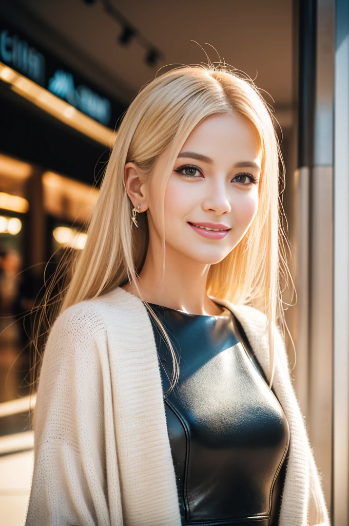 (best quality, 4k ,8k, highres, masterpiece:1.2), ultra-detailed, (realistic, photorealistic, photo-realistic:1.37), closeup, beautiful Swedish woman, beautiful smile, long lashes, beautiful makeup, platinum blonde hair, fair skin, slender figure, elegant posture, wearing large sparkling colorful jewelery, wearing a business style black leather dress, standing in a large shopping mall, gentle sunlight shining through the shopping mall windows, casting a soft glow on her face, adding warmth to the scene, vibrant colors, capturing the essence of vibrant city life, portrait style, showcasing her natural beauty and grace in a feminine way. 