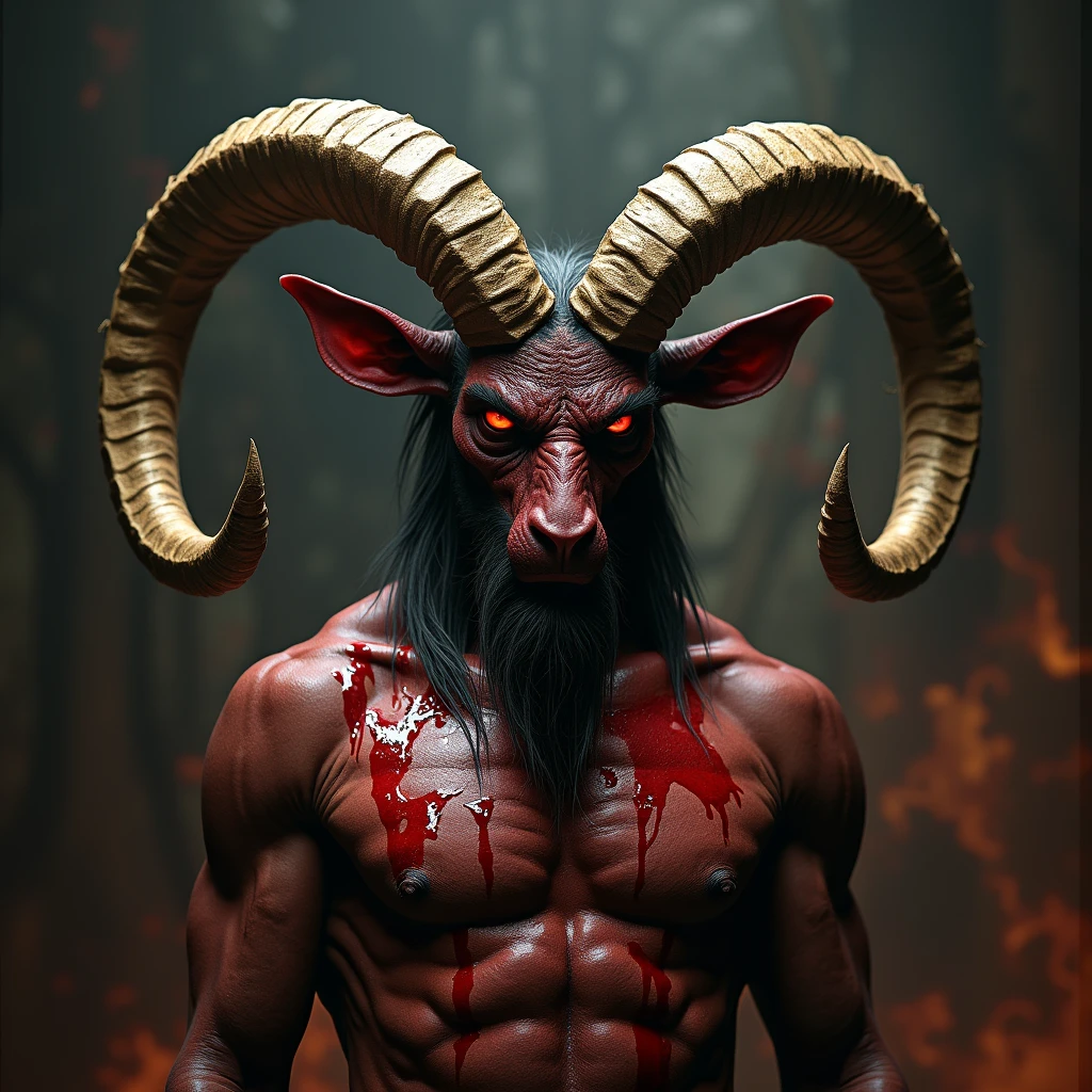 skin pores, African male shaman, goat head, midnight, bloody moon, professional photography, scary, hyperrealistic, highly detailed, 24mm, dim lighting, high resolution <lora:add_detail:2>