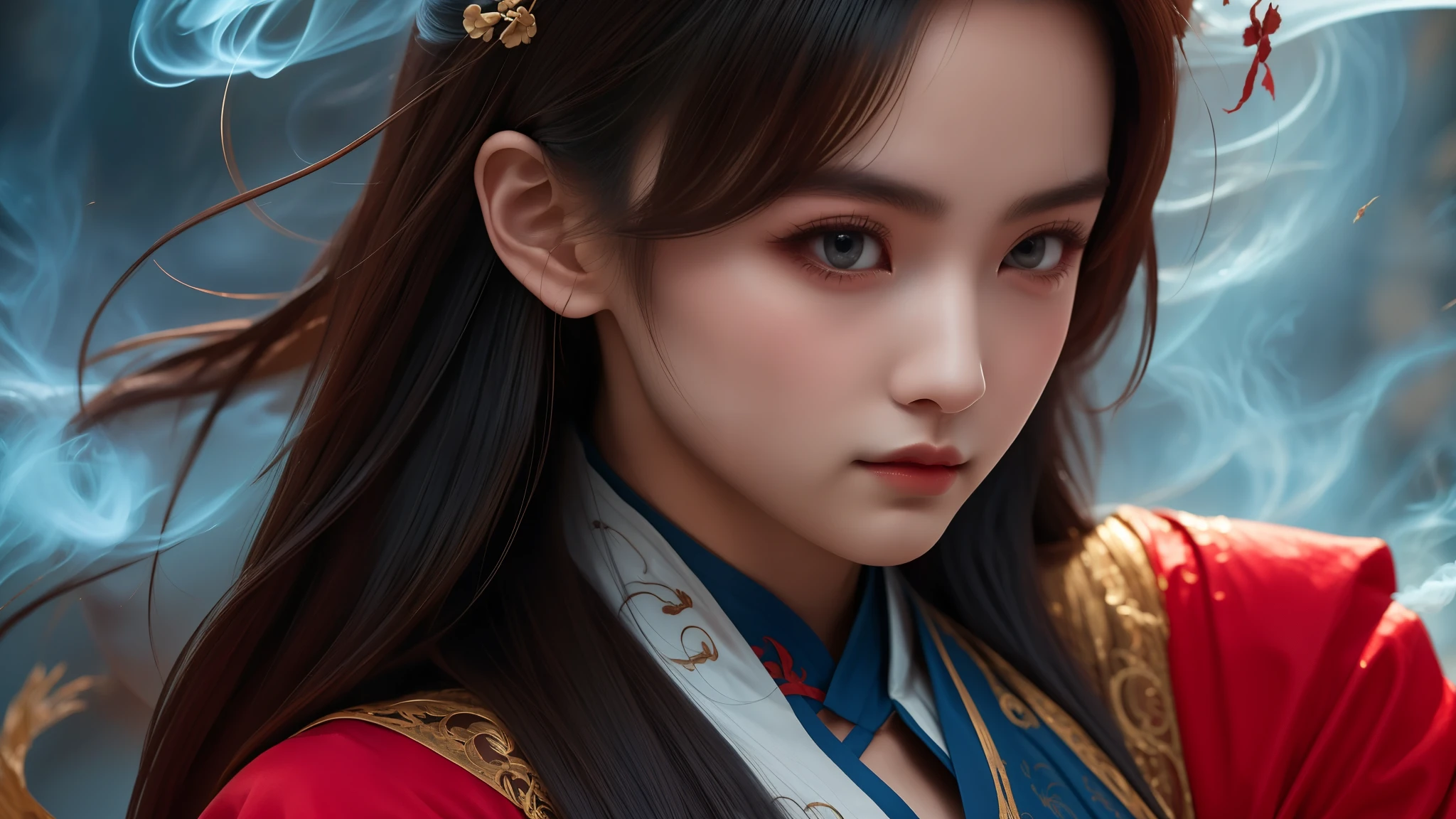 a close up of a woman wearing a red and gold dress, Princesa chinesa antiga, Palace , A girl in Hanfu, China Princess, Beautiful rendering of the Tang Dynasty, inspired by Li Mei-shu, a beautiful fantasy empress, ancient chinese beauti, ancient asian dynasty princess, Inspired by Lan Ying, chinese empress, Inspired by Zhao Yuan, Inspired by Qiu Ying