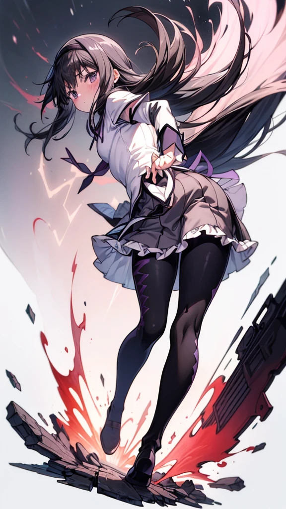 ((full body)), 1 girl,   anime girl ,  best quality,  has thick thighs，wallpaper, School, ,  Fascinating ,  Homura Akemi, Flame， black tights， pose， action，During combat， low angle，From below，Blushing ，The right foot，Kick