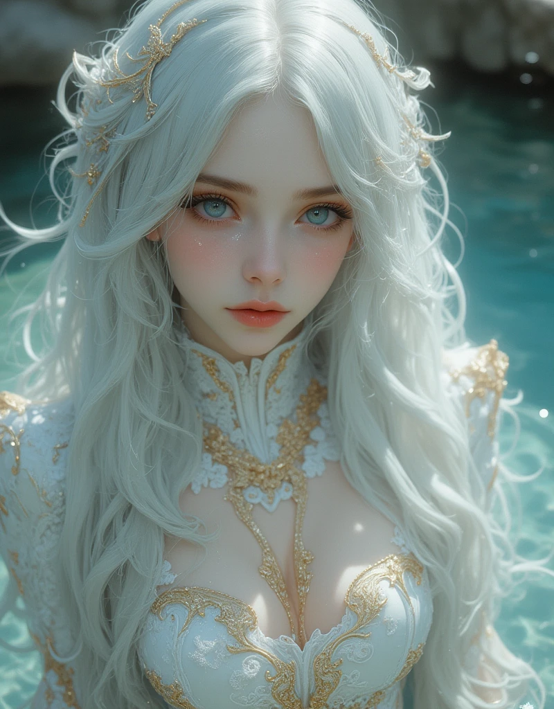 (white style),Hyper-realistic portrait of an ethereal, beautiful woman with striking blue eyes and flowing white hair, wearing a extremely detailed gold gothic long-dress. She is in water and he beautiful long hair is flowing in the water . 