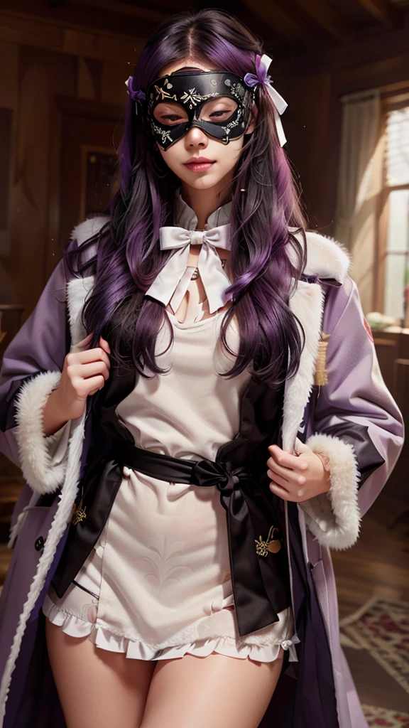 ((custom-eye-mask)), ((patterned mask)), ((patterned eye mask)), string hair ribbon, purple hair, ((realistic)), ((photorealisim)), ((photorealistic)), ((cosplay)), ((real life)), 1girl, solo, closed eyes, black hair, multicolored hair, blush, fur trim, fur-trimmed coat, smile, coat, purple hair, long hair, ((eye mask)), bangs, closed mouth, bow, flying sweatdrops, white coat, ribbon, bandages, two-tone hair, upper body, white bow, hair ornament